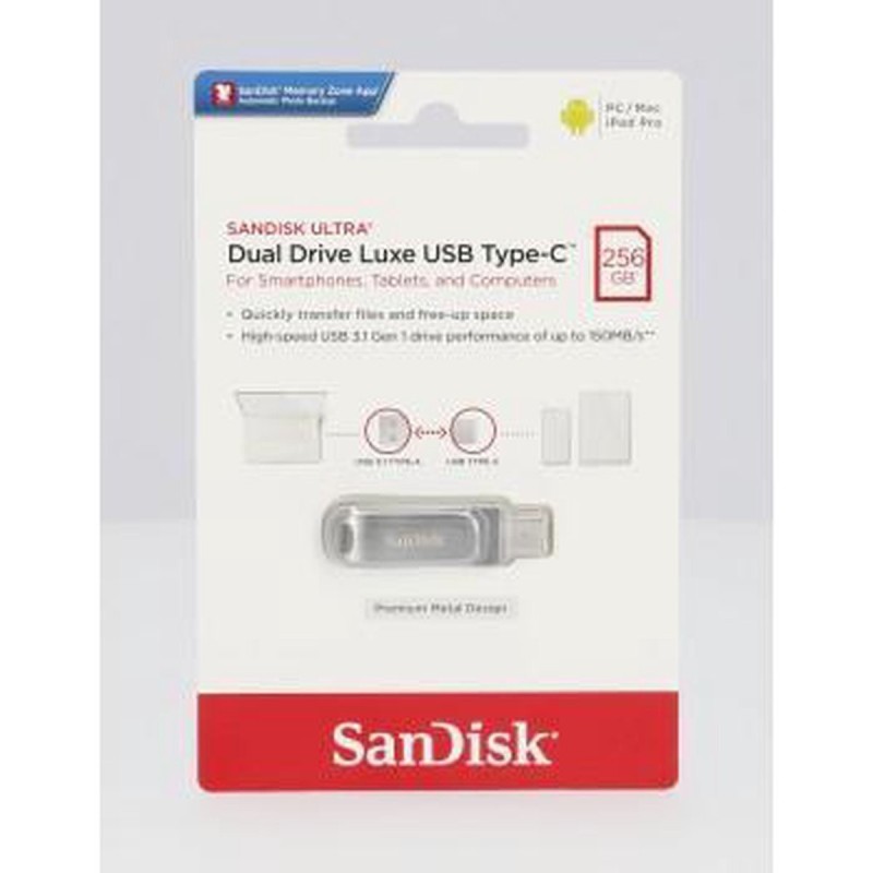 SanDisk Ultra Dual Drive Luxe 256GB USB 3.1 Gen 1 / USB-C USB stick Sølv